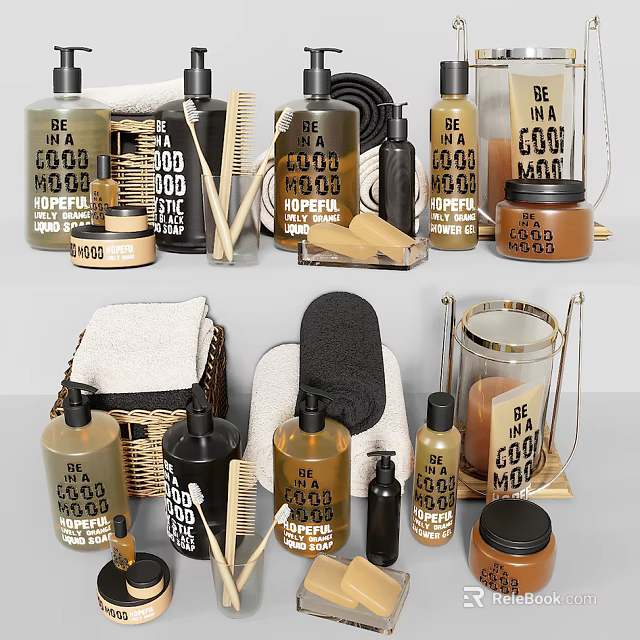Stylish Bathroom Accessories With Shampoo And Body Wash Bottles Towels Brushes And Scented Jars 3d model 