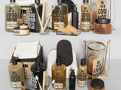 Stylish Bathroom Accessories With Shampoo And Body Wash Bottles Towels Brushes And Scented Jars 3d model
