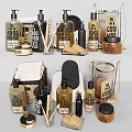 Stylish Bathroom Accessories With Shampoo And Body Wash Bottles Towels Brushes And Scented Jars
