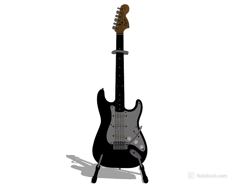 Black Electric Guitar on Stand with Classic Body Design and Steel Strings 3d model 