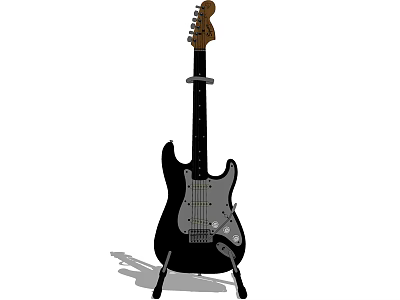 Black Electric Guitar on Stand with Classic Body Design and Steel Strings 3d model