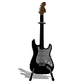 Black Electric Guitar on Stand with Classic Body Design and Steel Strings