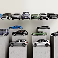 Different Car Models In Various Colors Arranged On Gray Display Platforms 3d model