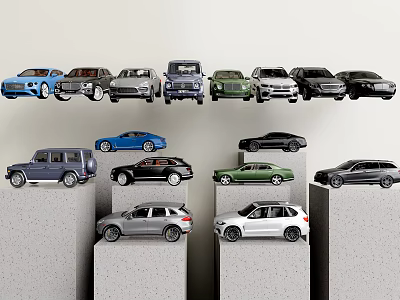 Different Car Models In Various Colors Arranged On Gray Display Platforms 3d model