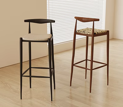 Modern Bar Stools With Black And Brown Frames And Patterned Seats Near Window Blinds 3d model