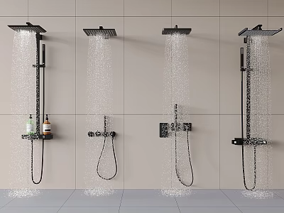 Modern Shower Systems With Rainfall Heads And Handheld Wands On Tiled Wall 3d model