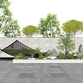 Modern Stone Feature Wall With Geometric Design And Green Plants Trees 3d model