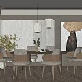 Modern Dining Room Interior With Pendant Lights Artwork Plant And Chairs