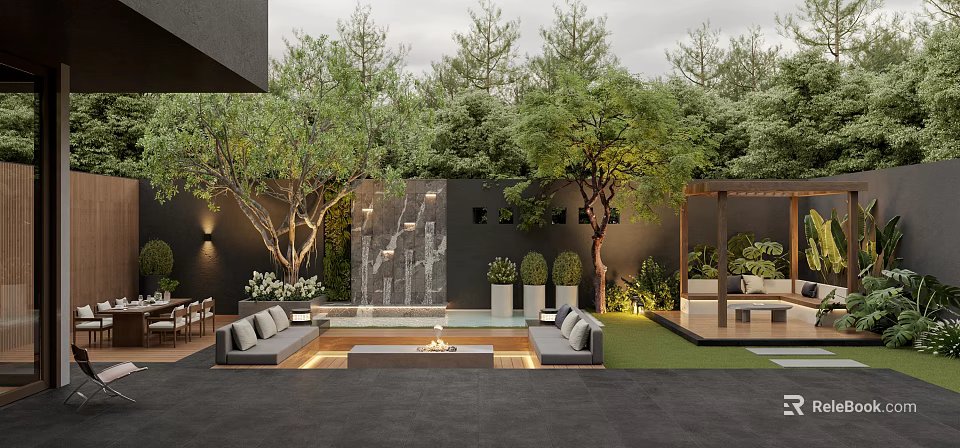 Modern Garden Landscape With Waterfall Wall Trees Seating Area Fire Pit And Lawn Lighting 3d model 