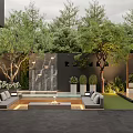 Modern Garden Landscape With Waterfall Wall Trees Seating Area Fire Pit And Lawn Lighting
