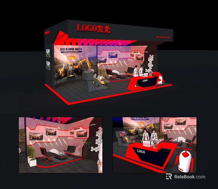 Modern Exhibition Booth Design With LOGO Display Red Black Interior And Machinery Models 3d model