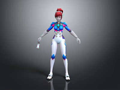 Game Movie Character Red Haired with Blue and White Futuristic Armor Holding Device Standing Pose 3d model