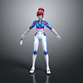 Game Movie Character Red Haired with Blue and White Futuristic Armor Holding Device Standing Pose