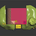 Cartoon Scene Featuring Cat Shaped Pink House With Green Grass Small Trees And Yellow Steps