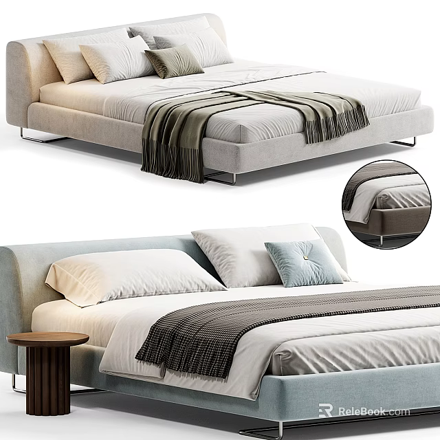 Modern Double Bed Design With Light Blue Headboard White Pillows And Gray Blanket 3d model 