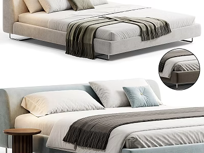 Modern Double Bed Design With Light Blue Headboard White Pillows And Gray Blanket 3d model
