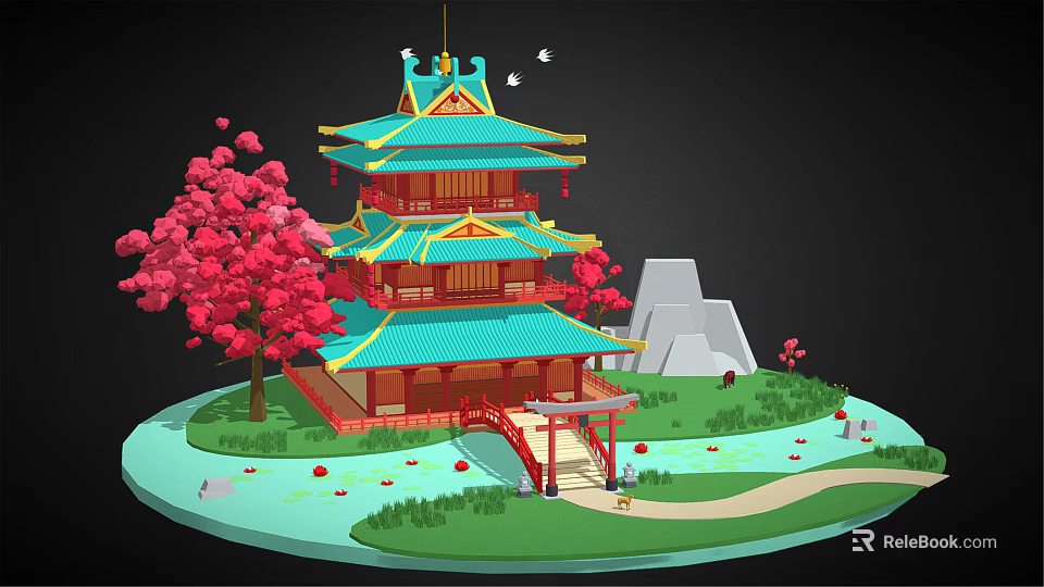 Traditional Chinese Tower With Green Roof Red Columns Cherry Blossom Trees And Stone Bridge 3d model 