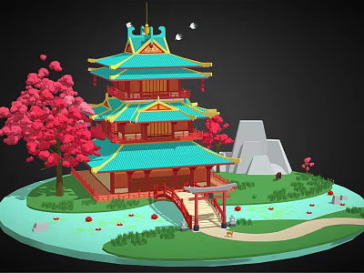 Traditional Chinese Tower With Green Roof Red Columns Cherry Blossom Trees And Stone Bridge 3d model