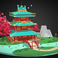 Traditional Chinese Tower With Green Roof Red Columns Cherry Blossom Trees And Stone Bridge