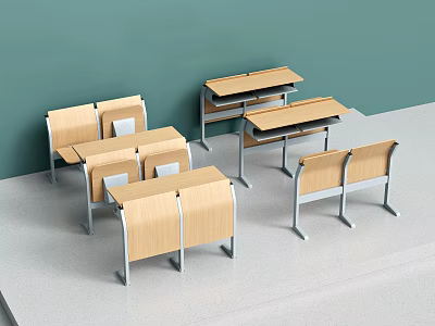Modern Classroom Desk And Chair Set With Wooden Tops And Metal Legs 3d model