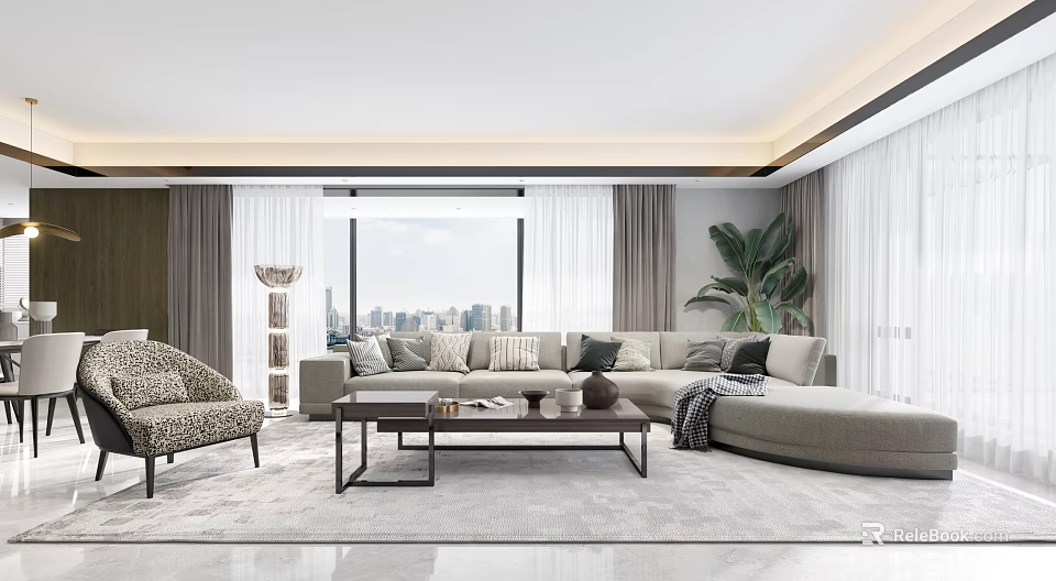 Modern Living and Dining Room Interior with Open Concept Sofa Coffee Table and Large Windows 3d model 
