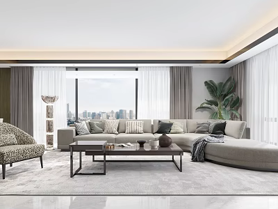 Modern Living and Dining Room Interior with Open Concept Sofa Coffee Table and Large Windows 3d model