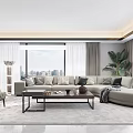 Modern Living and Dining Room Interior with Open Concept Sofa Coffee Table and Large Windows