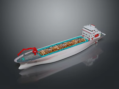 Bulk Cargo Ship With Red Crane And Loaded Deck On Marine Hull 3d model