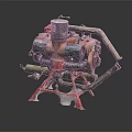 Red And Black Automotive Engine Component With Metal Pipes On Red Stand Dark Background