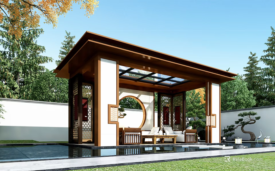 Chinese Style Outdoor Shower Sauna Pavilion With Wooden Structure And Greenery 3d model 