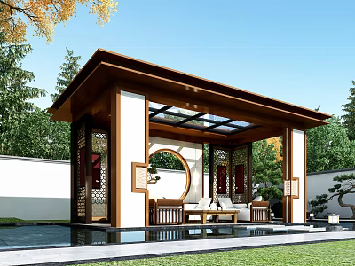 Chinese Style Outdoor Shower Sauna Pavilion With Wooden Structure And Greenery 3d model