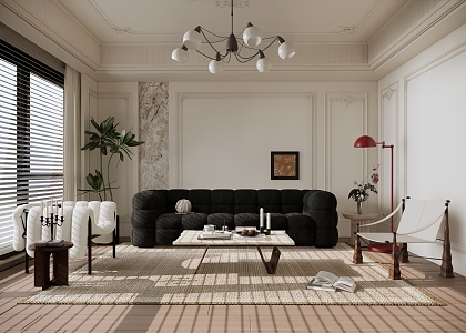 French Cream Style Living Room Multi-person Fabric Sofa Casual Single Chair Coffee Table Combination Chandelier 3d model