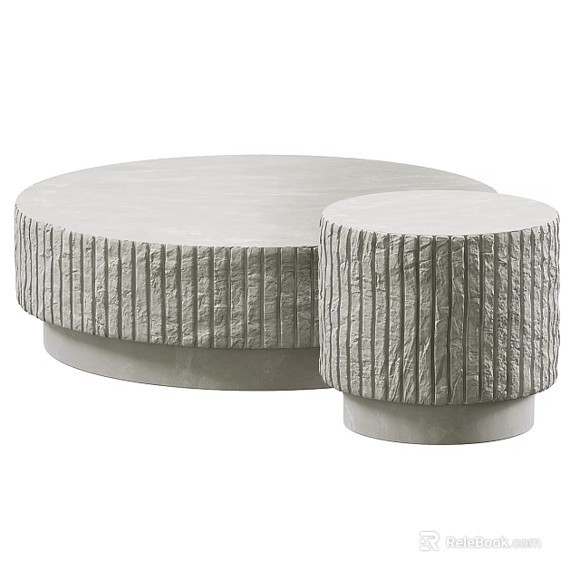 Round Concrete Textured Coffee Table Set With Two Different Sizes And Vertical Stripes 3d model
