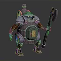 Steampunk Robot Character With Wooden Barrel Body Metal Armor And Axe Weapon