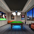 Modern Billiard Room Interior With Pool Table Leather Sofas TV Screens And City View Windows 3d model