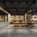 Rustic Modern Restaurant Interior With Wooden Tables Shelves And Open Layout