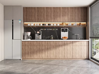 Modern Kitchen Sideboard With Wooden Finish Upper Shelves And Appliances Next To Refrigerator 3d model