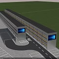 Modern Multi Story Parking Garage With Gray Exterior Yellow Railings And Blue Screens