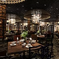 Chinese Style Restaurant Interior With Black Lattice Chandeliers Round Tables Patterned Carpet And Green Plants