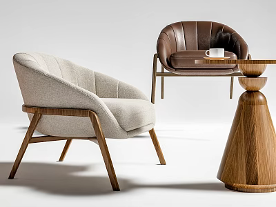Modern Leisure Sofa Set With Light Gray Fabric Dark Brown Leather Chairs And Wooden Table 3d model