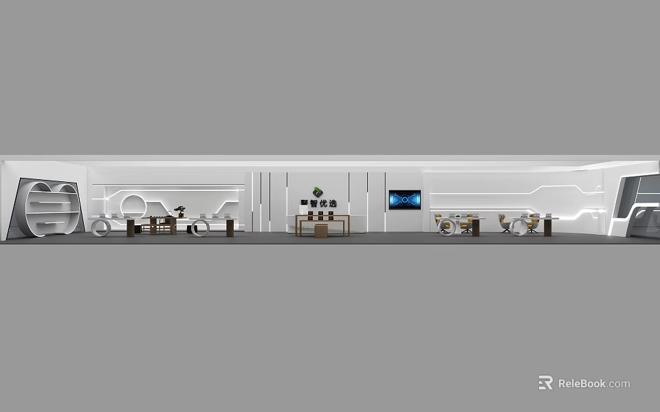 Modern Minimalist Interior Space With White Walls Display Counters And TV Screen 3d model 
