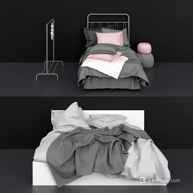 Modern Double Bed Bedding With Gray Sheets Pink Pillows And Soft Comforter 3d model