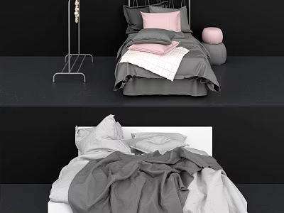 Modern Double Bed Bedding With Gray Sheets Pink Pillows And Soft Comforter 3d model