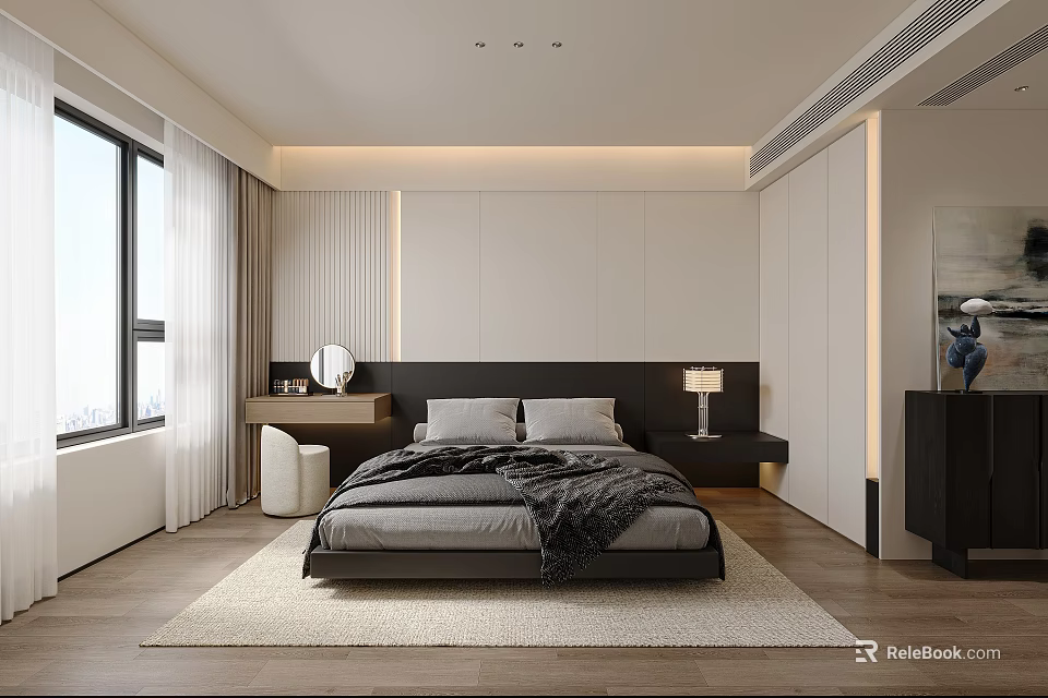 Modern Bedroom Interior Design With Black Headboard Grey Bedding And Window Curtains 3d model 