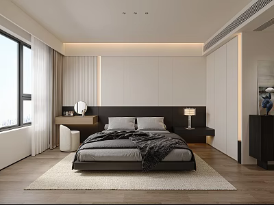 Modern Bedroom Interior Design With Black Headboard Grey Bedding And Window Curtains 3d model