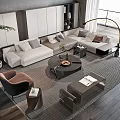 Modern L Shaped Beige Sofa Set With Round Coffee Table Throw Pillows And Floor Lamp