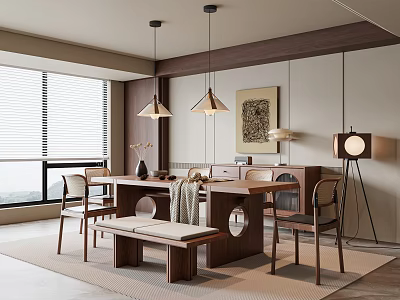 Modern Restaurant Interior With Wooden Dining Table Chairs Pendant Lights Window Bench And Decorative Painting 3d model