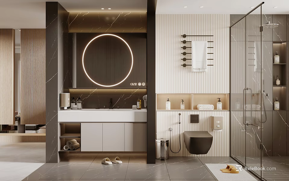 Modern Bathroom Interior Design With Round Mirror Marble Vanity And Glass Shower Enclosure 3d model 