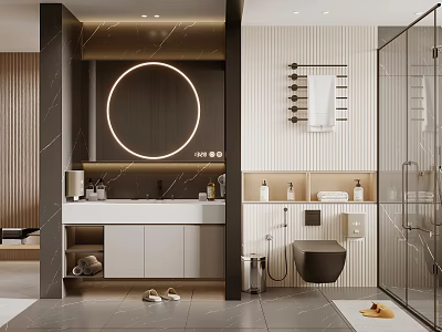 Modern Bathroom Interior Design With Round Mirror Marble Vanity And Glass Shower Enclosure 3d model