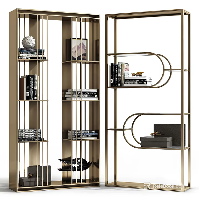 Elegant Modern Metal Storage Shelving Unit With Geometric Curved Frames Displaying Books And Decorative Items 3d model 